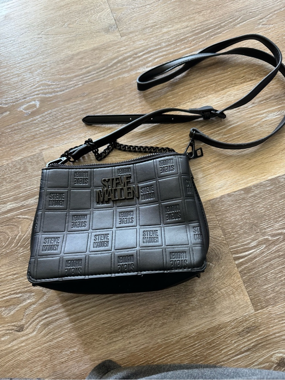 Steve Madden Black Embossed Logo Crossbody with Chain Accent
